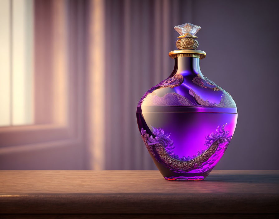 Purple Glass Perfume Bottle with Gold and Silver Detailing on Wooden Surface by Window