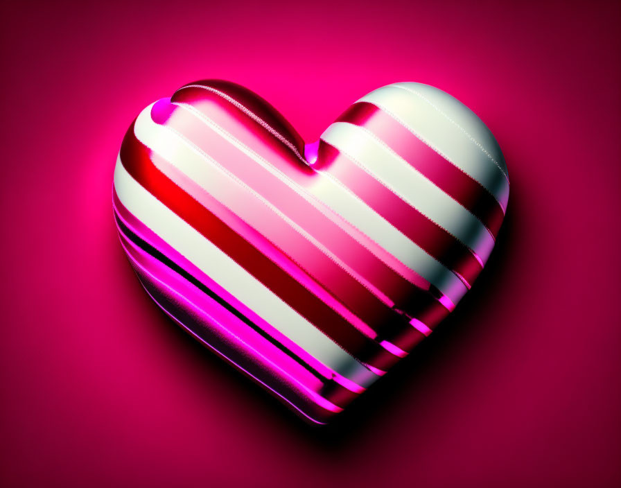 Pink and White Striped Heart on Glossy Surface Against Deep Pink Background