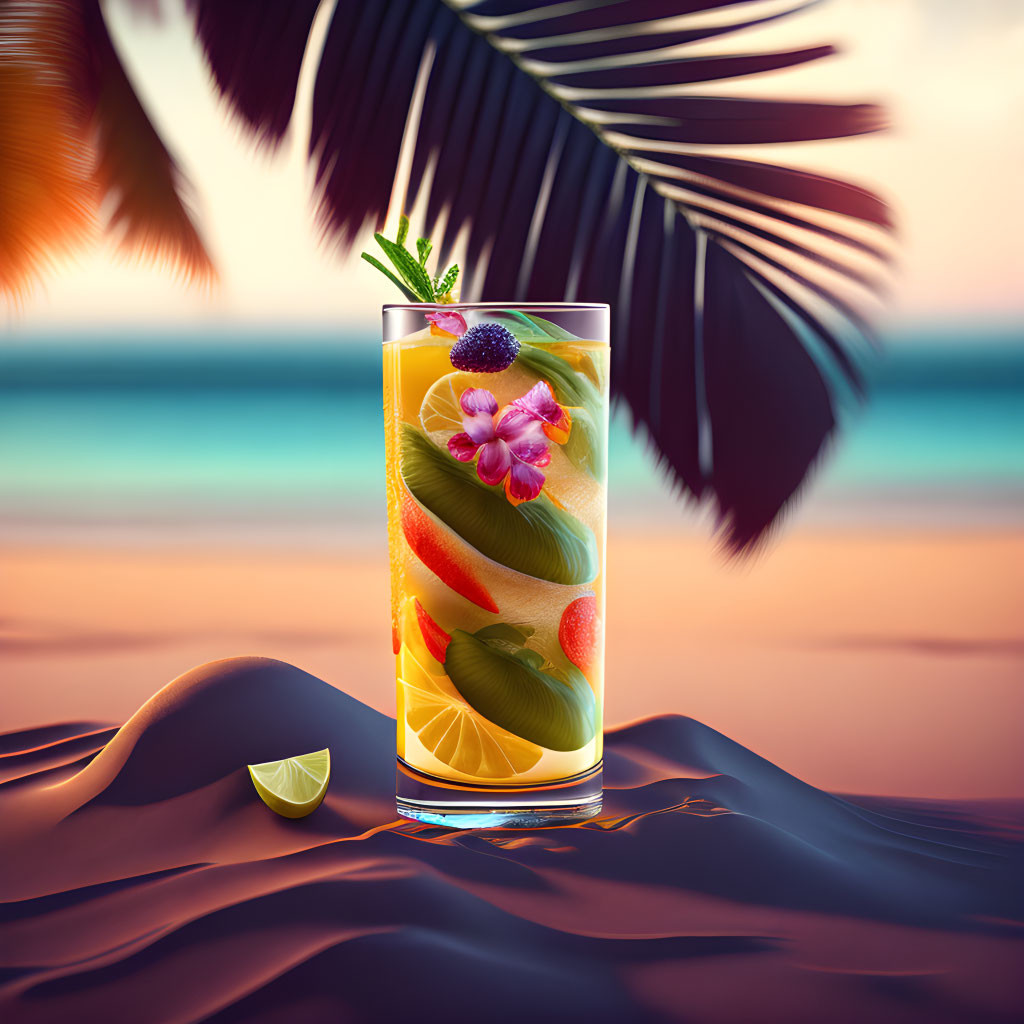 Tropical Cocktail with Fruit and Flower on Sandy Beach at Sunset