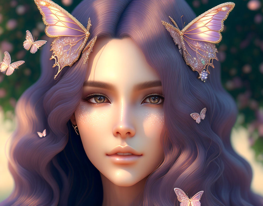 Digital Artwork: Female with Purple Hair and Butterfly Hair Clips Surrounded by Butterflies on Floral Background