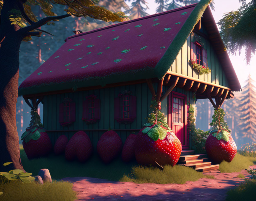 Whimsical cottage on strawberry-shaped stilts in forest at sunrise or sunset