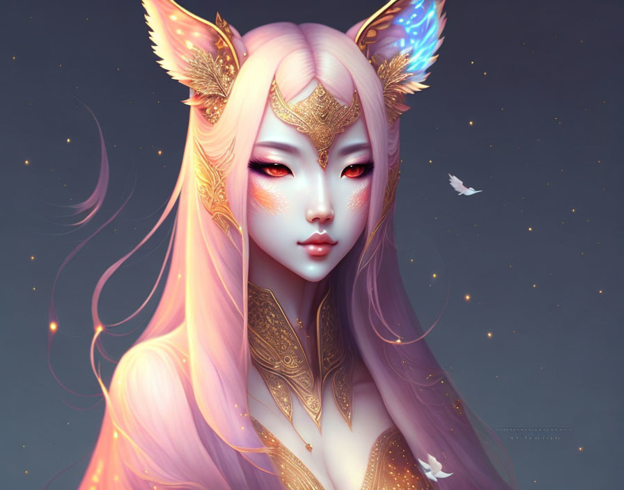 Mystical female figure with fox-like ears and golden adornments in starlit setting.
