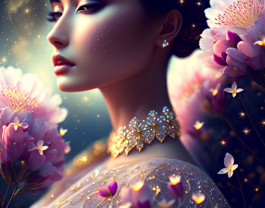 Digital artwork: Woman with glowing skin, gold jewelry, pink blossoms, and light particles