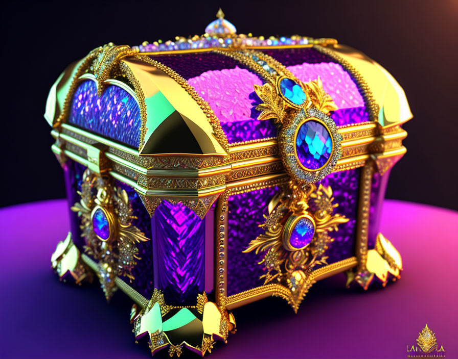 Golden treasure chest adorned with jewels on purple surface