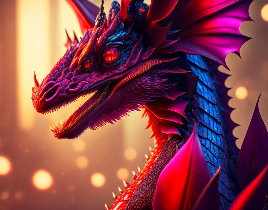 Colorful Dragon with Red Eyes, Blue Scales, and Purple Wings on Orange Background