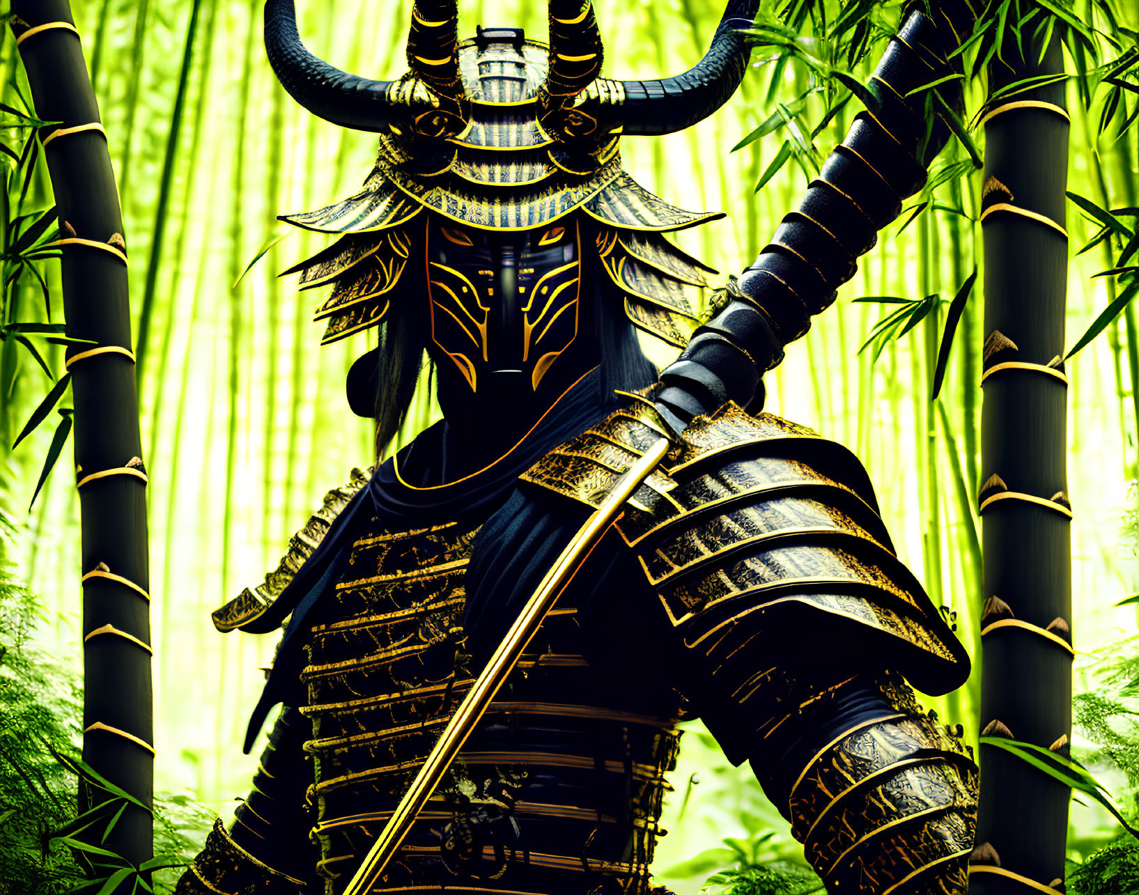 Stylized black and gold samurai in bamboo forest.