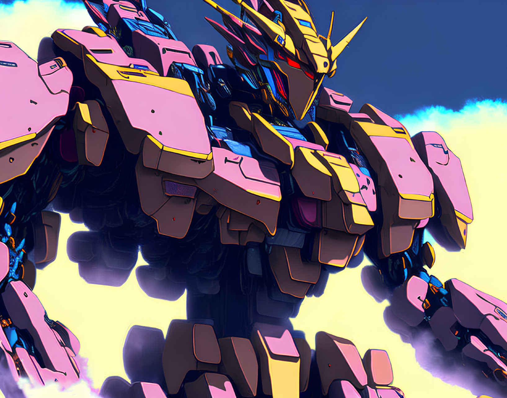 Detailed Multicolored Mecha Robot Illustration on Sky Blue Background