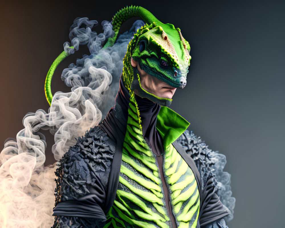Elaborate lizard-like face makeup with green scales and tail in swirling smoke