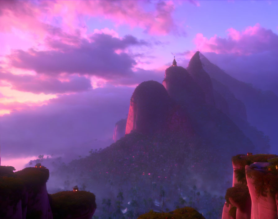Mystical Purple Sunset Over Lush Valley with Rock Formations and Ancient Temples