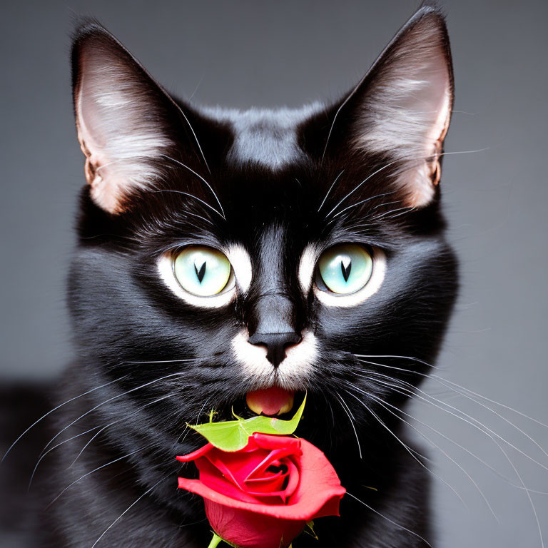 Black Cat with Green Eyes Holding Red Rose on Grey Background