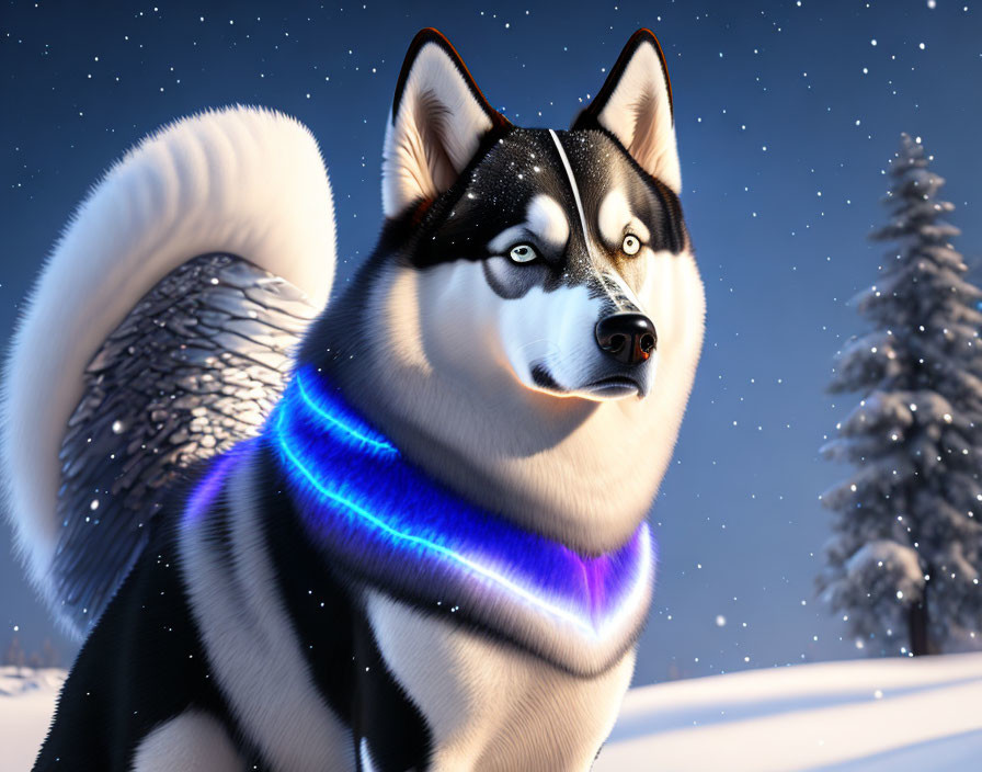 Husky with Blue Eyes in Snowy Landscape with Glowing Collar