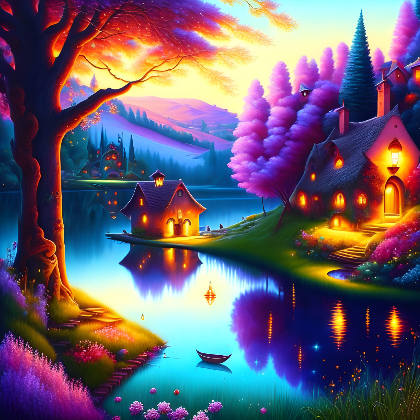 Colorful Fantasy Landscape with Glowing Cottage by Serene Lake