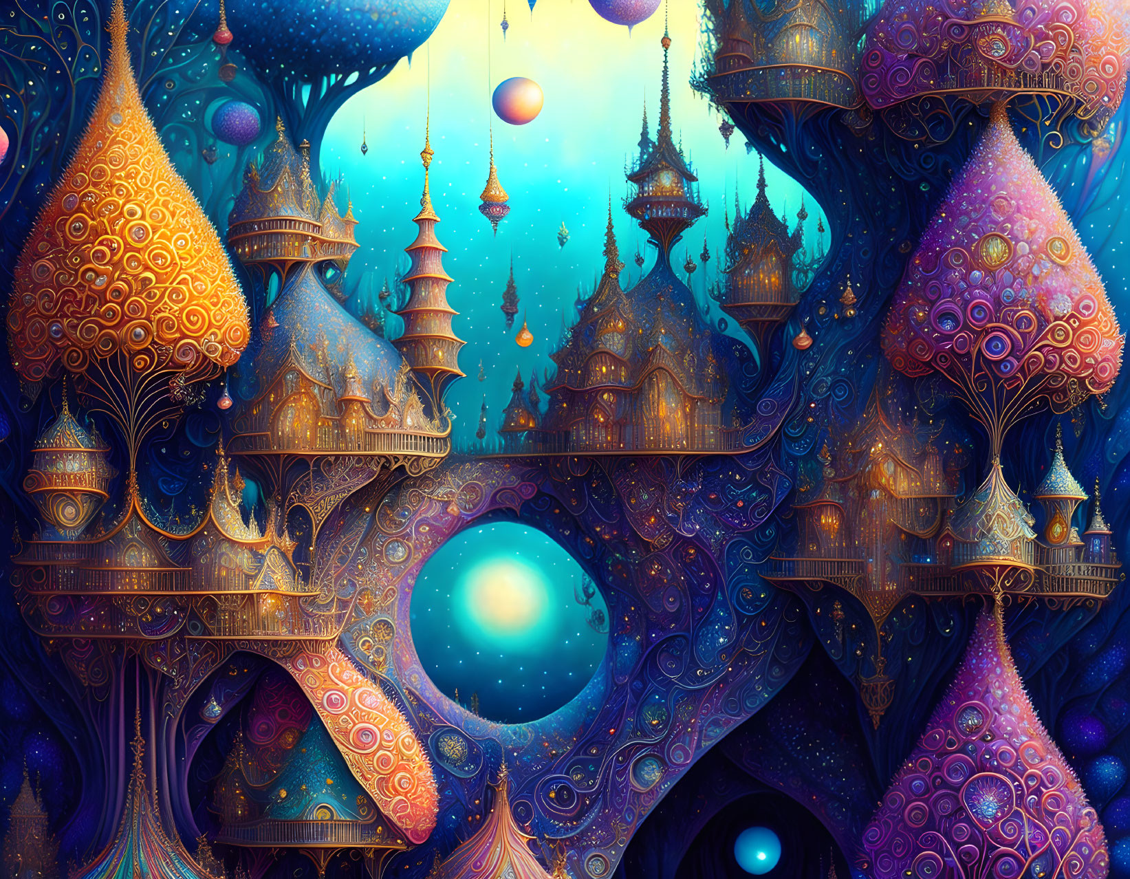 Fantastical landscape with ornate spire-like structures and floating orbs.