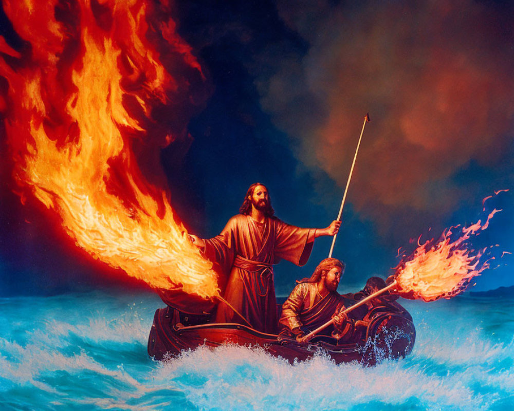 Historical individuals in boat amidst fiery stormy waves