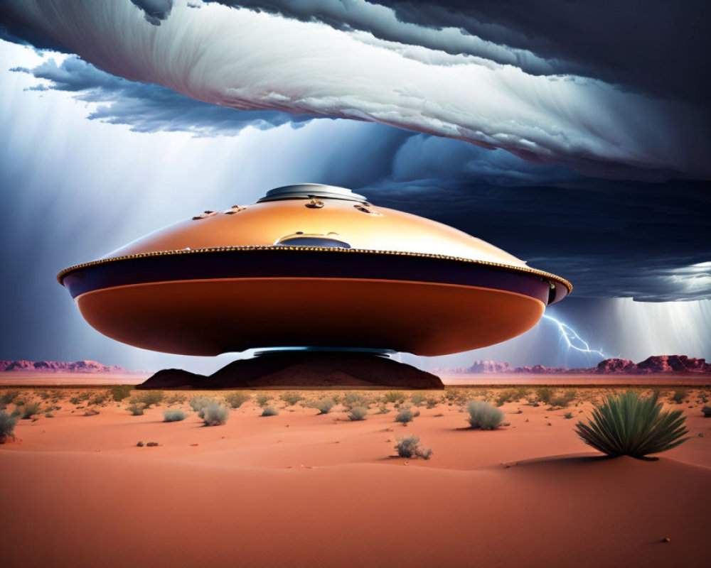 Mysterious UFO over desert landscape with lightning flashes