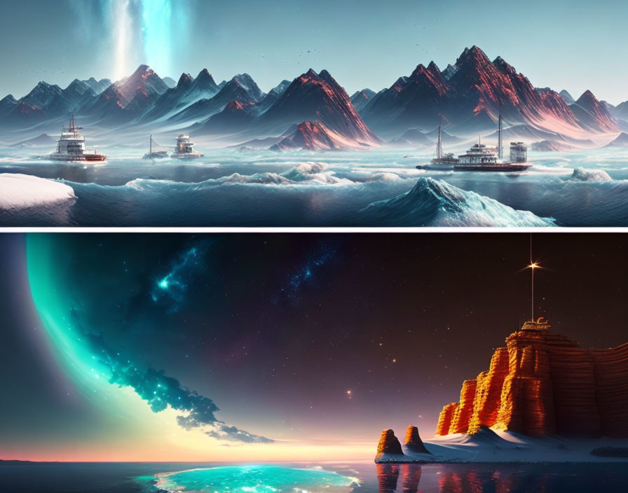 Ships in Icy Mountains & Aurora over Snowy Landscape
