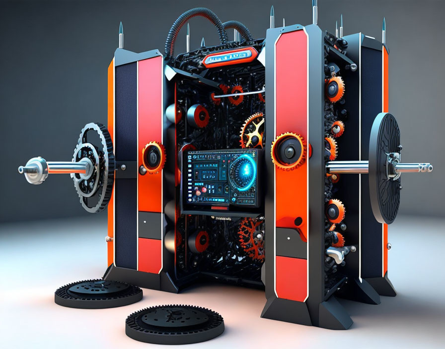 Futuristic gym-themed computer case with weight plates, barbell, and gears