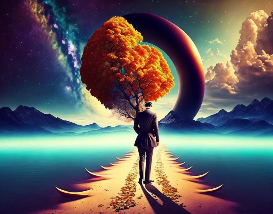 Person on surreal path under crescent moon and orange tree in cosmic setting.