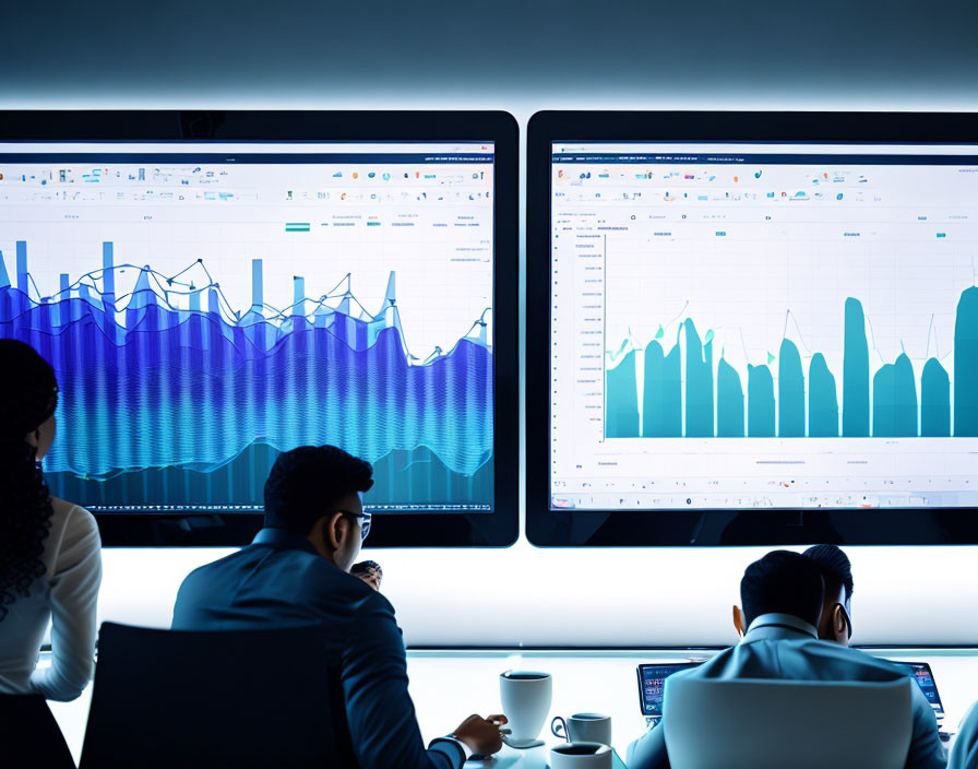 Financial data analysis by professionals on dual monitors in modern office.