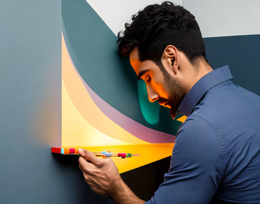 Man in Blue Shirt Drawing Colorful Lines on Abstract Geometric Background