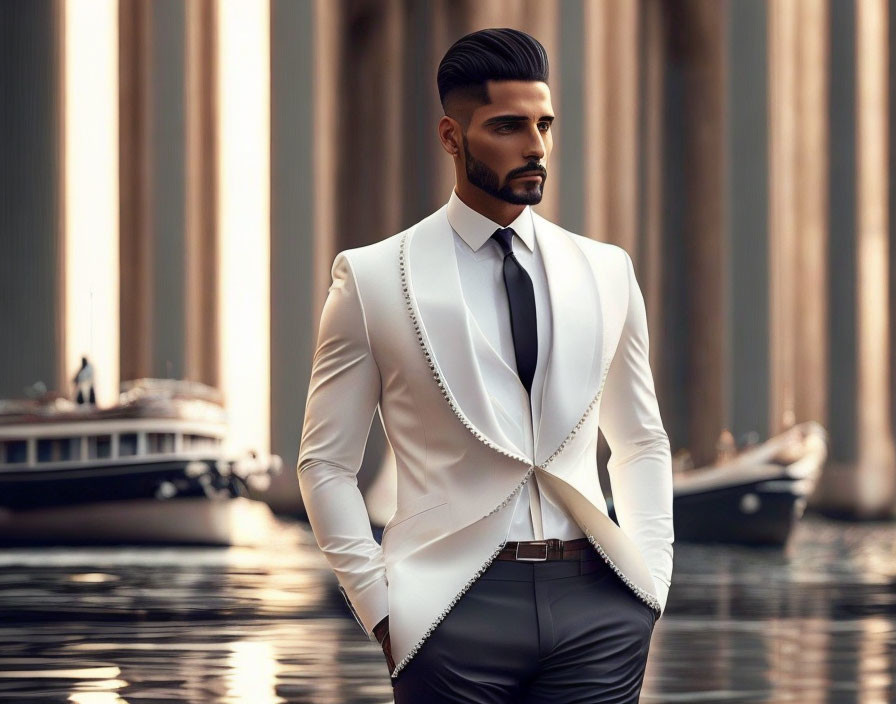 Elegant man in white-trimmed blazer by waterway