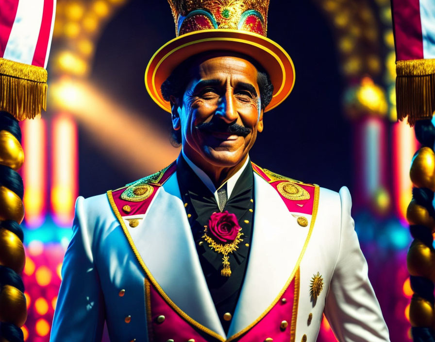Colorful Ringmaster in Top Hat Smiling in Circus Setting