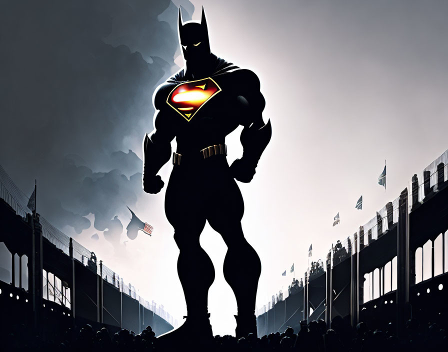 Superhero-themed silhouette against smoky backdrop with stadium lights