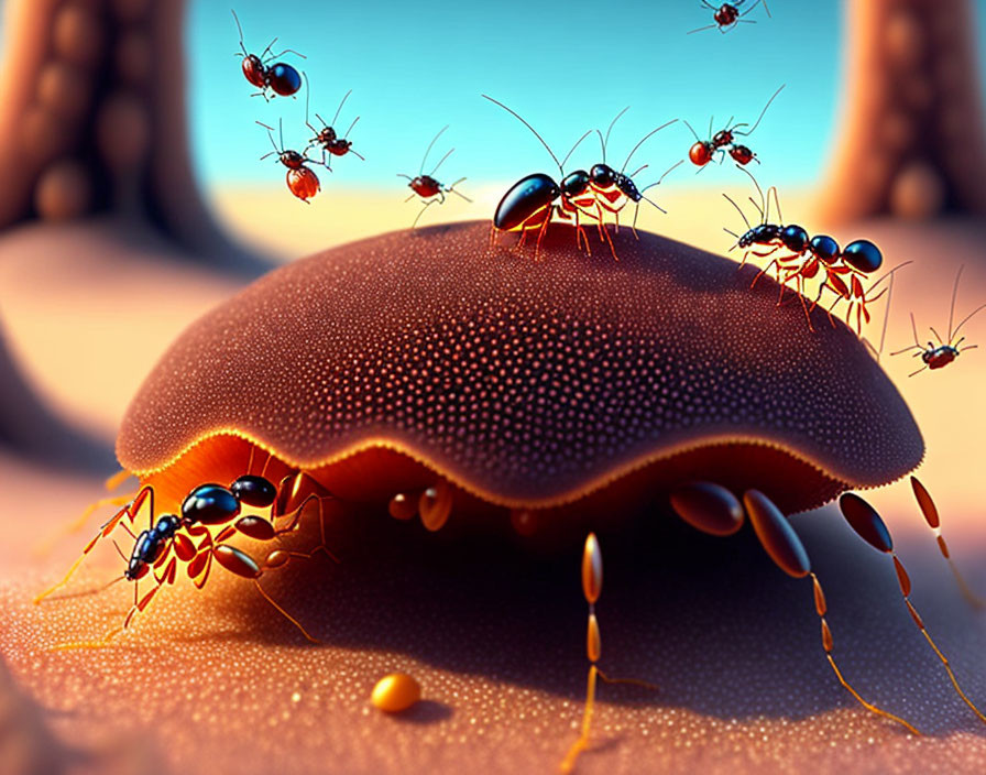 Group of animated ants working on sandy surface with central supervisor.