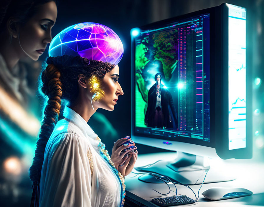 Futuristic woman with glowing orb and digital screens showcasing advanced technology.