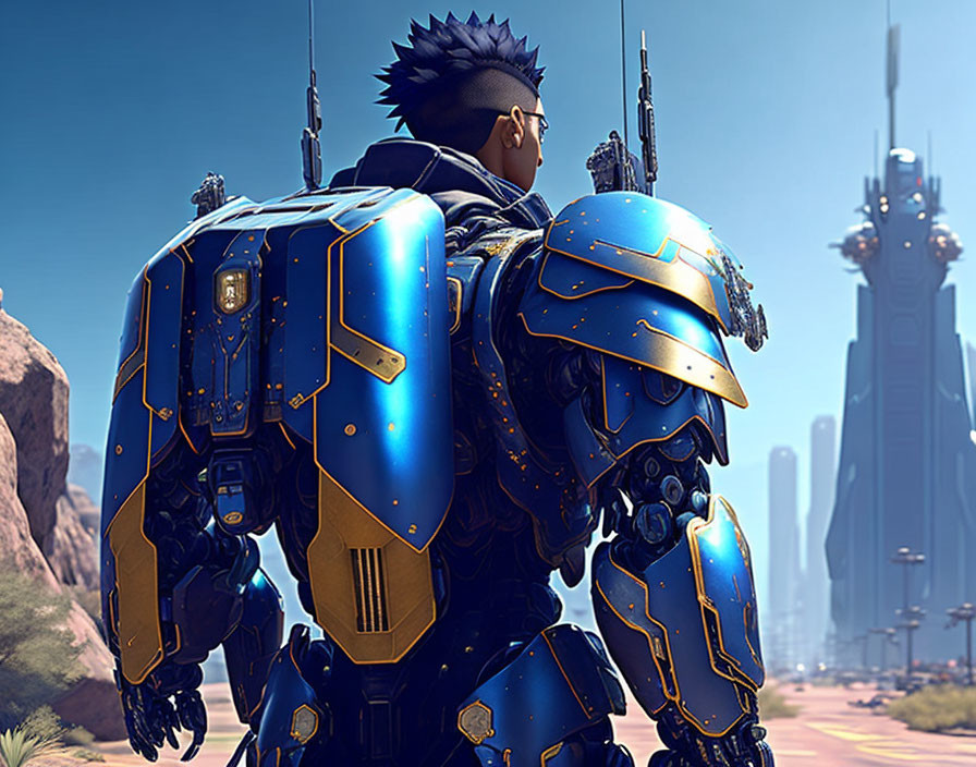 Futuristic blue armored person with mohawk gazes at desert city