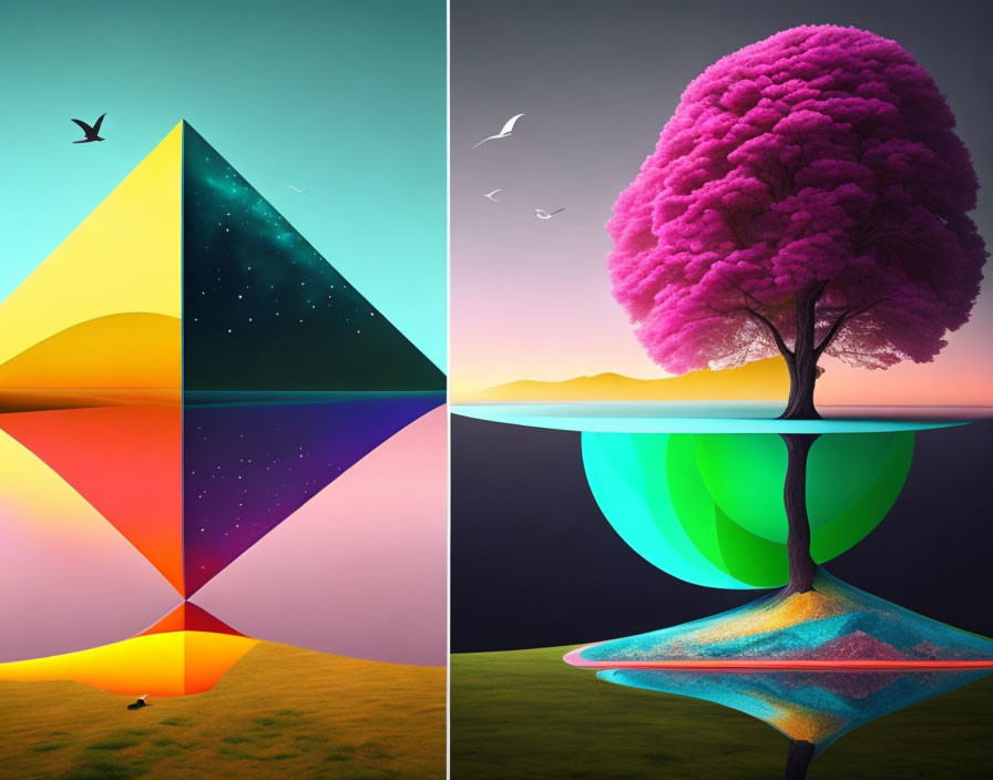 Split surreal image: pyramid & tree, day & night scenes, vibrant mirrored tree