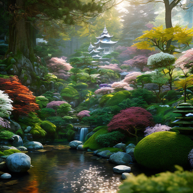 Tranquil Japanese garden with pagoda, vibrant flora, moss-covered rocks, and flowing stream