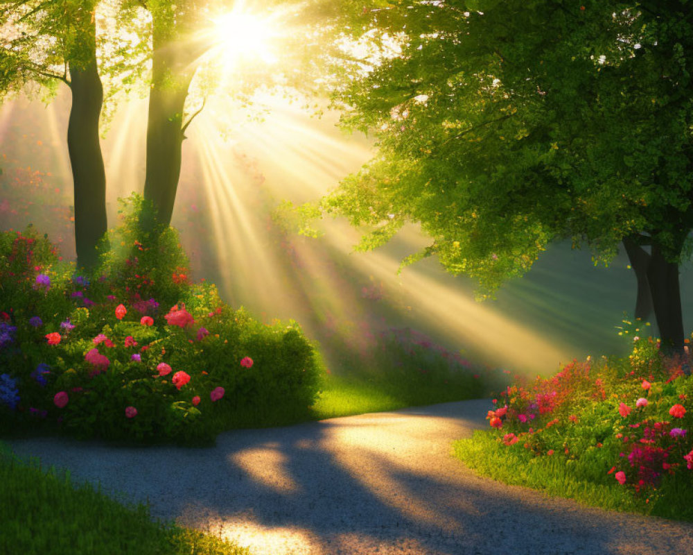 Sunbeams through green trees on park path with vibrant flowers at sunrise