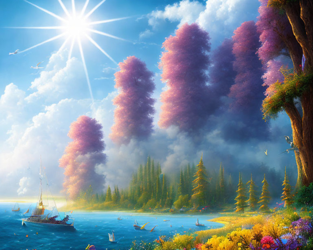 Colorful landscape: pink tree canopies, blue lake, boats, flowers, radiant sun