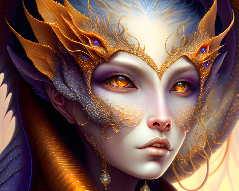 Fantastical Female Figure with Detailed Golden Dragon Mask