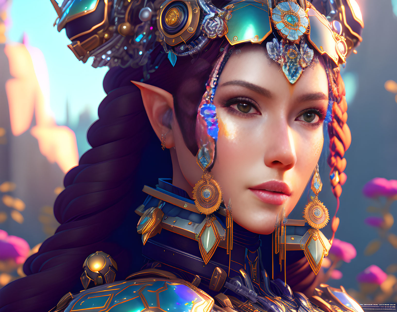 Detailed digital illustration: Woman with elfin features in blue and gold armor and jeweled headpiece in