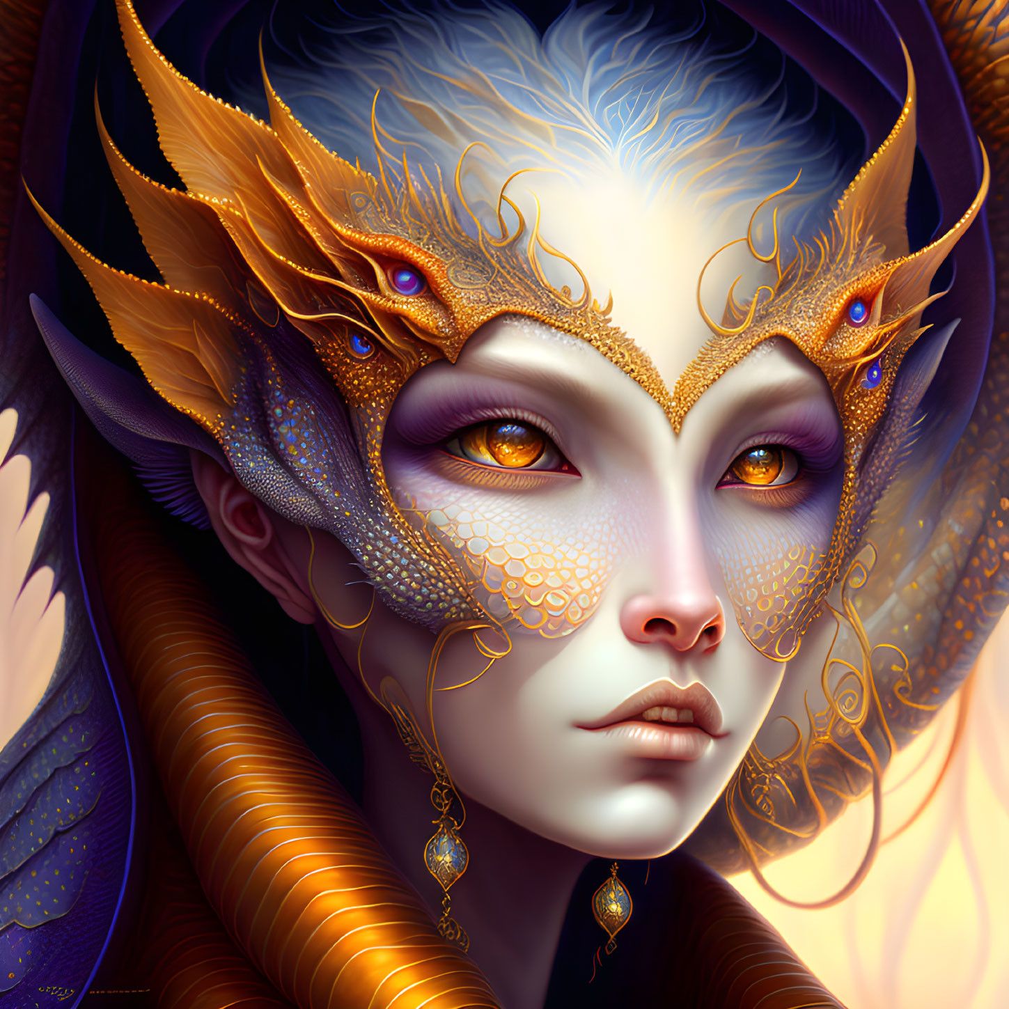 Fantastical Female Figure with Detailed Golden Dragon Mask