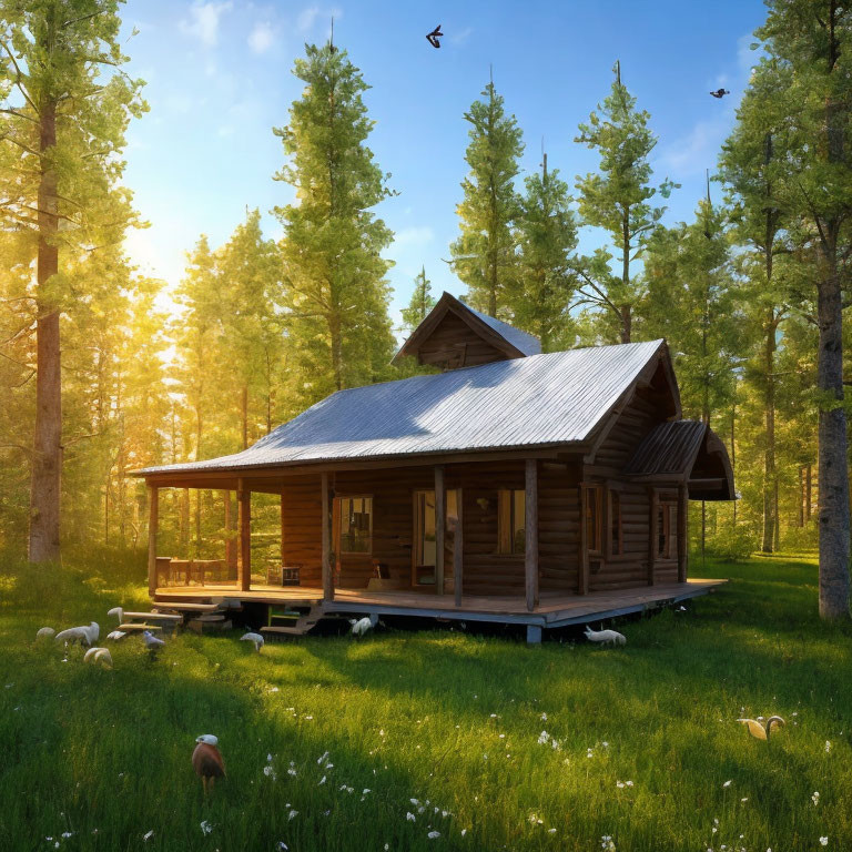 Rustic wooden cabin with porch in sunny forest clearing, pine trees, birds, and mushrooms.