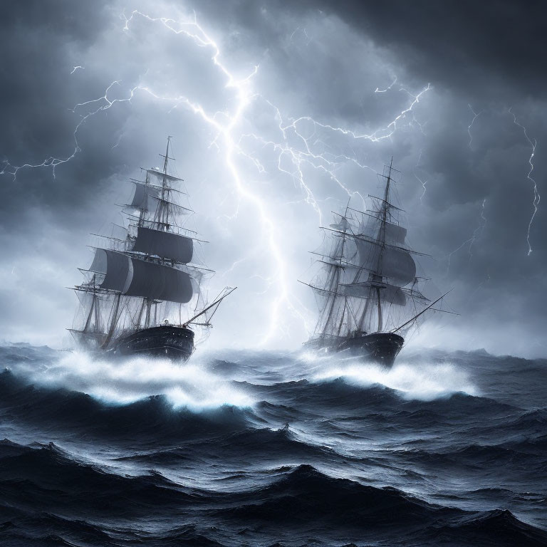 Sailing ships in stormy sea with towering waves and dramatic lightning