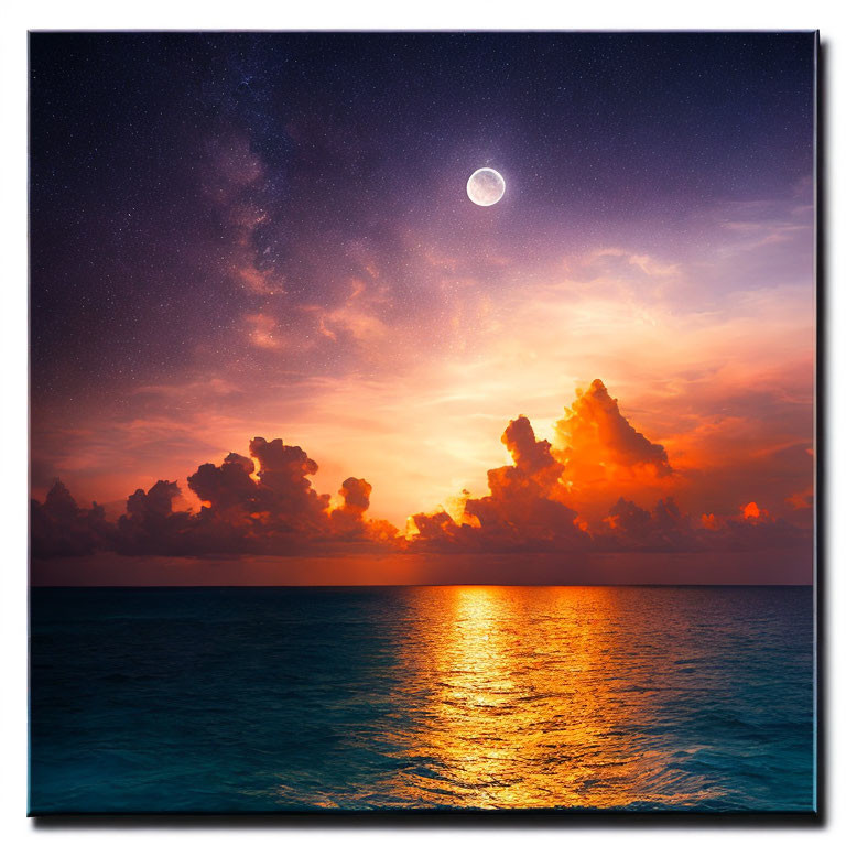 Tranquil seascape at dusk with vibrant sunset, cumulus clouds, starry sky, and