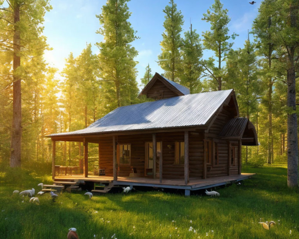 Rustic wooden cabin with porch in sunny forest clearing, pine trees, birds, and mushrooms.