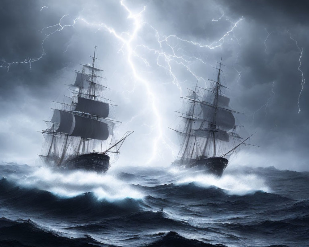Sailing ships in stormy sea with towering waves and dramatic lightning
