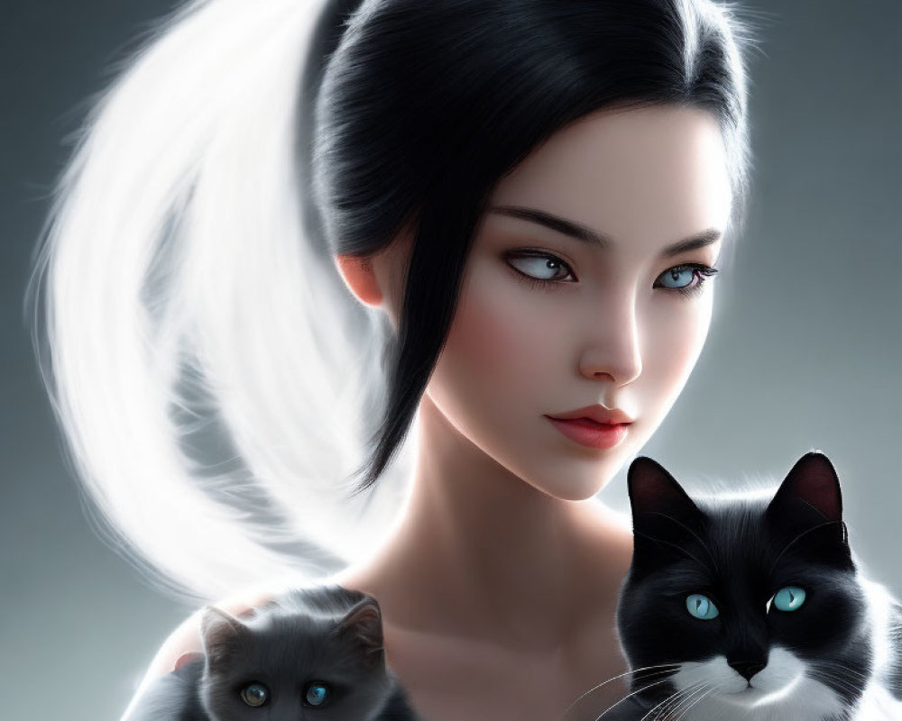 Digital art portrait of woman with pale skin, dark hair, halo effect, flanked by two cats