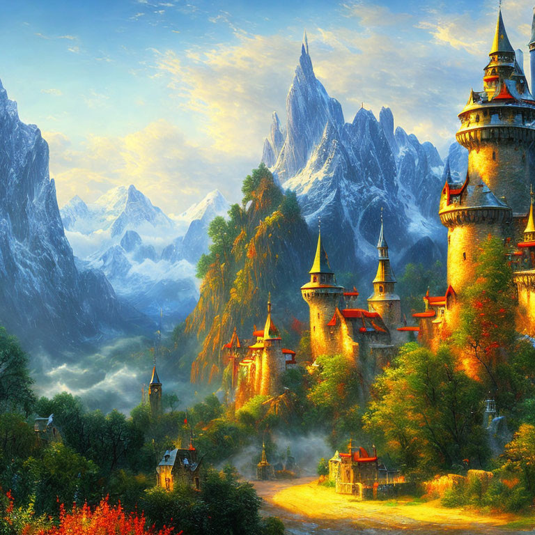 Majestic castle in autumnal valley with mountains