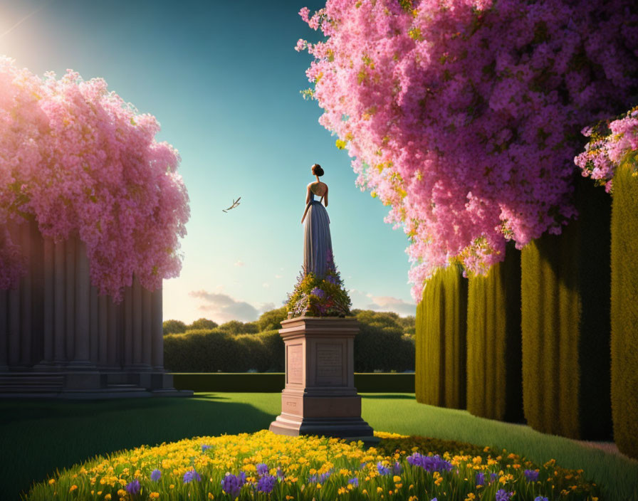 Woman statue on pedestal in blooming garden with trees and bird