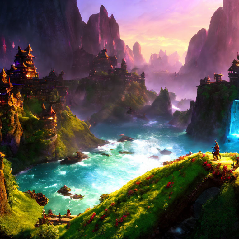 Fantasy landscape with illuminated village, turquoise rivers, and glowing waterfall at dusk