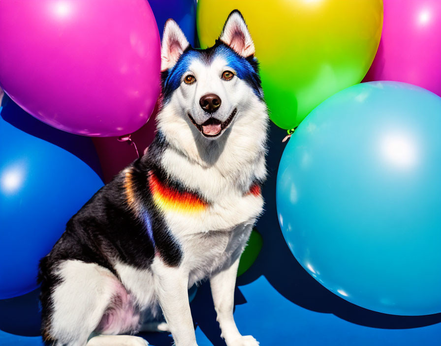 Smiling Siberian Husky with rainbow collar among colorful balloons