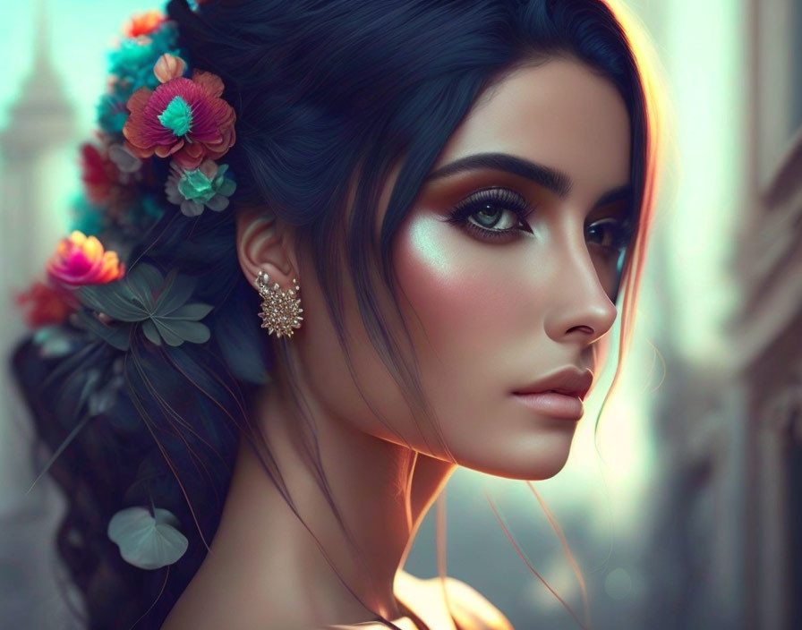 Portrait of woman with intricate makeup and floral hair accessories.