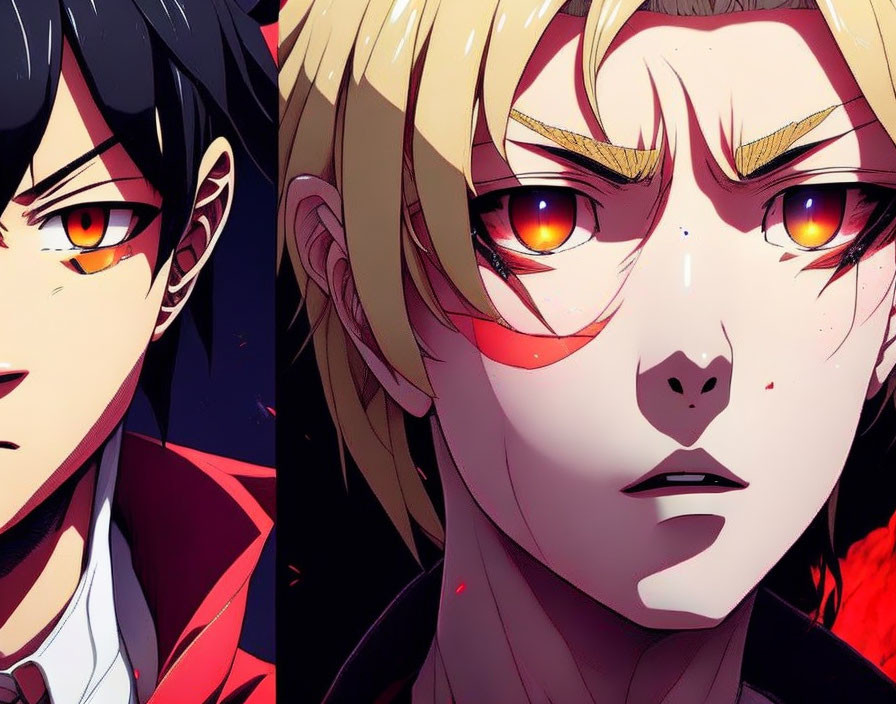 Anime characters with intense gazes: dark hair, red eyes & blonde hair, golden eyes