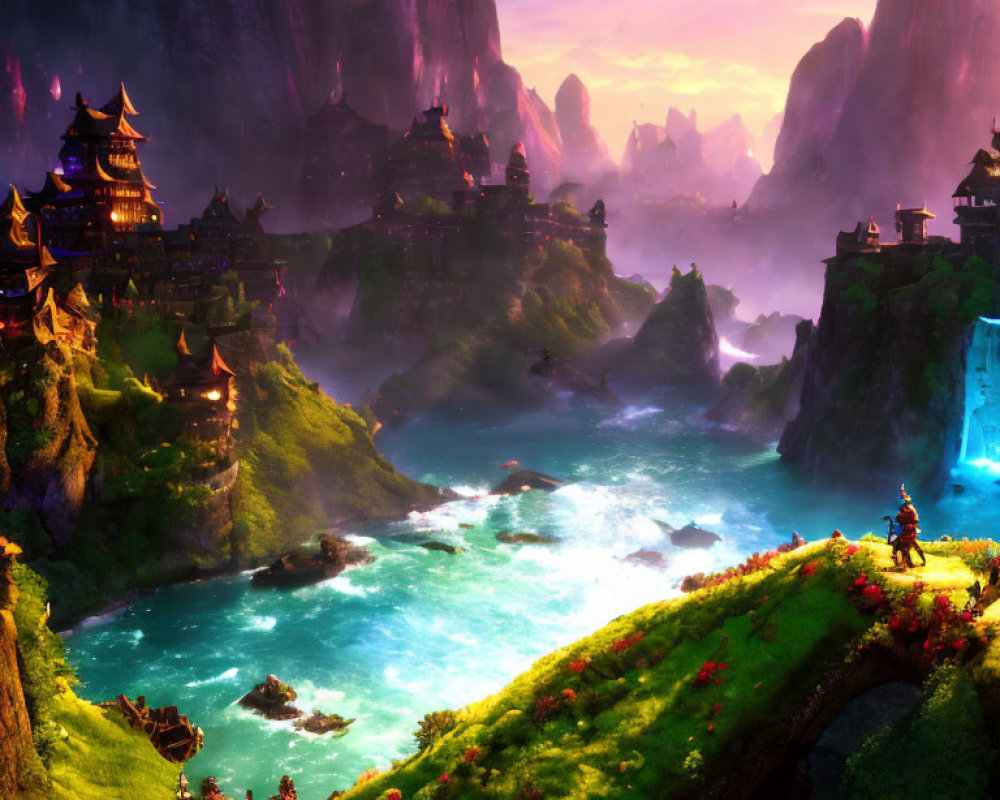 Fantasy landscape with illuminated village, turquoise rivers, and glowing waterfall at dusk